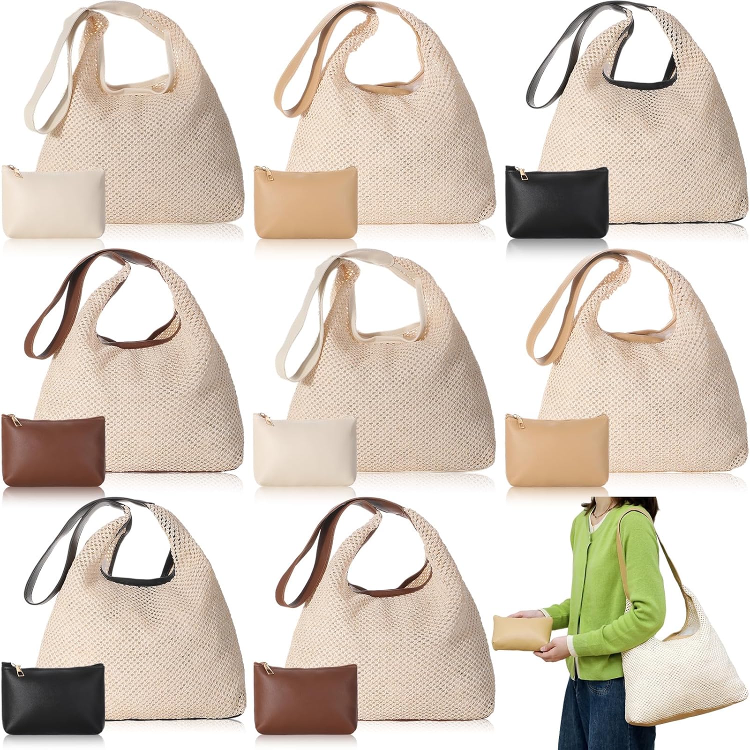 8 Pieces Large Tote Bags Bulk, Straw Tote Bag Summer Woven Beach Tote with Pocket Bag, for Women Shopping Bridesmaid Gift Bags