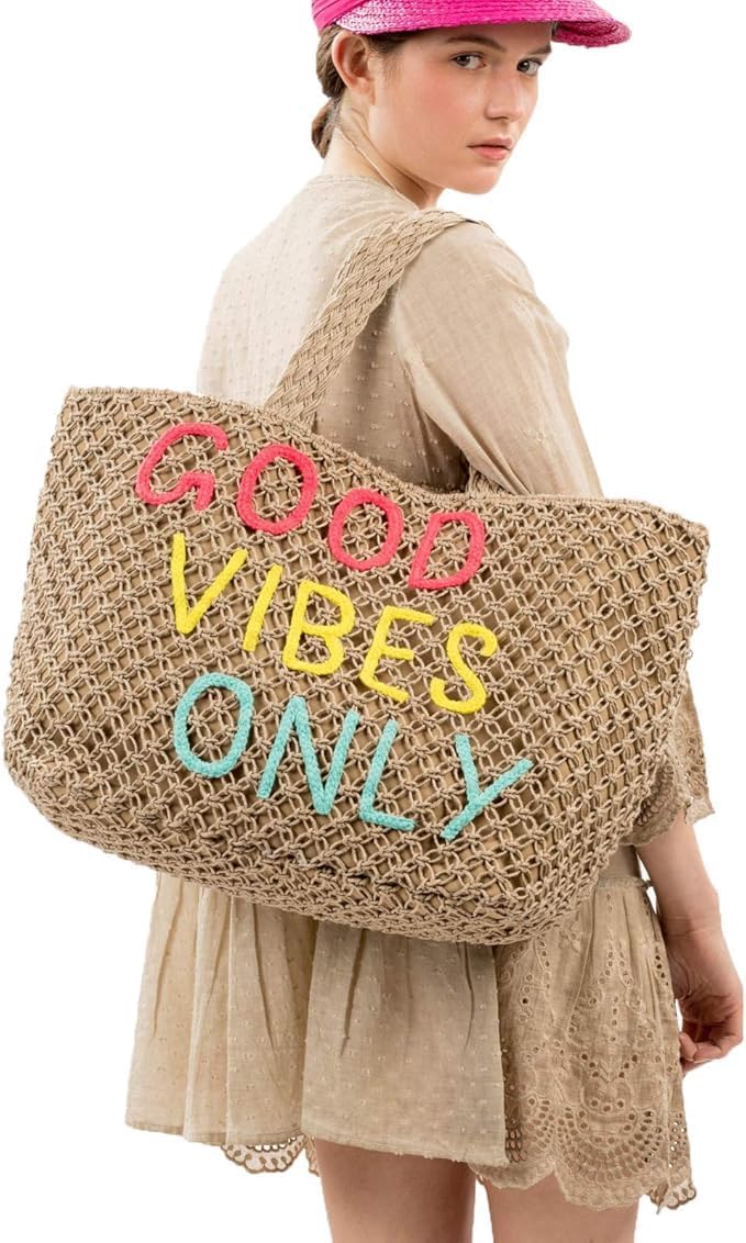 Alex Max Extra Large Woven Straw Beach Tote Bag - Natural Beige Macrame Handbag with "Good Vibes Only" Text - Oversized Summer Beach Tote for Women - Image 2