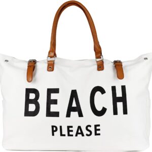 Beach Bag with Vegan Leather Handle, Extra Large Beach Bag for Women Waterproof Sandproof, White