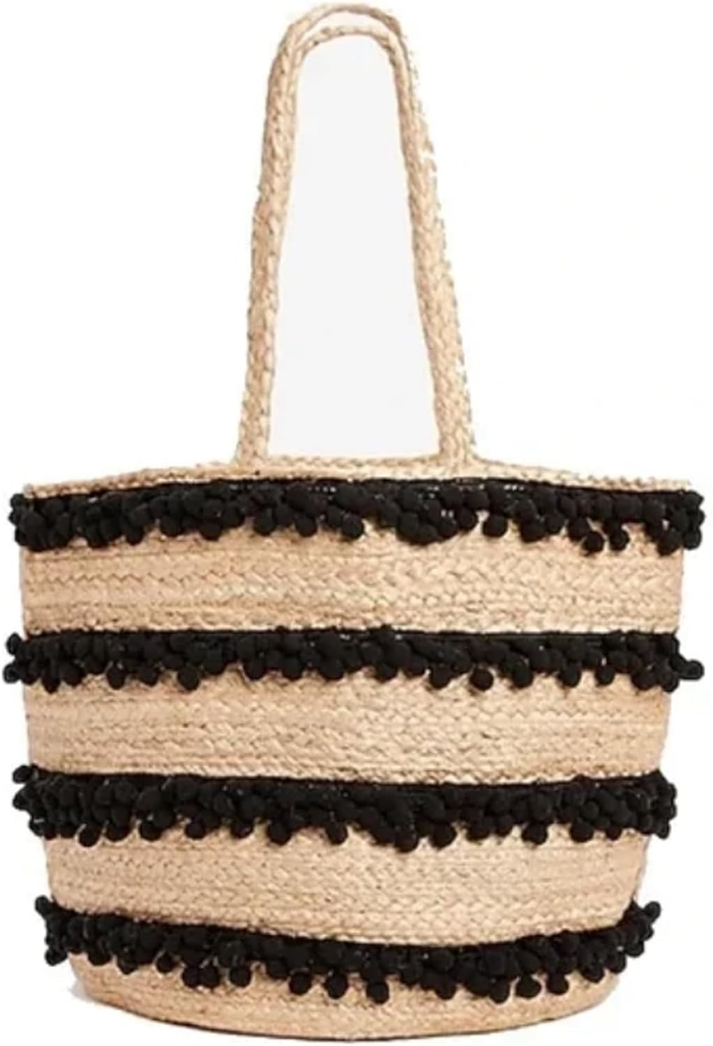 Boho Chic Woven Straw Tote Bag with Black Pom Pom Trim - Large Natural Jute Beach Bag for Summer