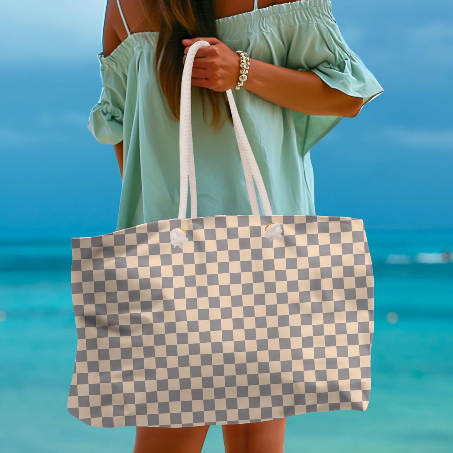 Classic Beige Shopping Bag Summer Beach Bag Vacation Travel Tote Bag Reusable Bag Pool Picnic Shopping Bag Gift - Image 2