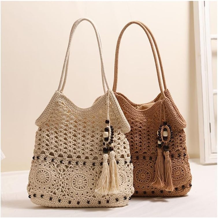 Crochet Beach Bag with Tassel, Cotton Woven Shoulder Bag, Beaded Bohemian Summer Tote - Image 4
