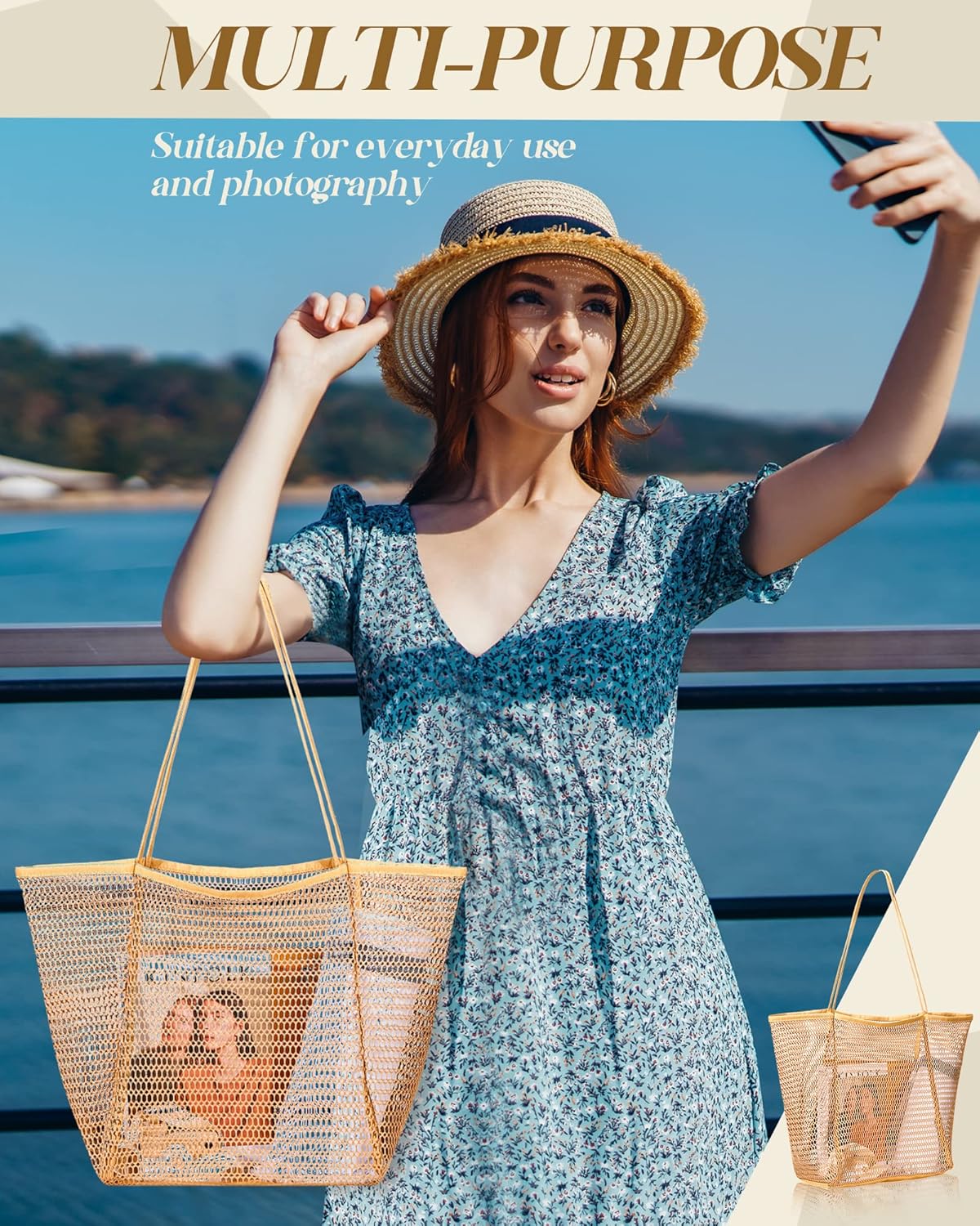 Cunno 6 Pieces Mesh Beach Tote Bag for Women Summer Waterproof Sandproof Shoulder Bag for Travel Vacation Shopping Picnic - Image 6