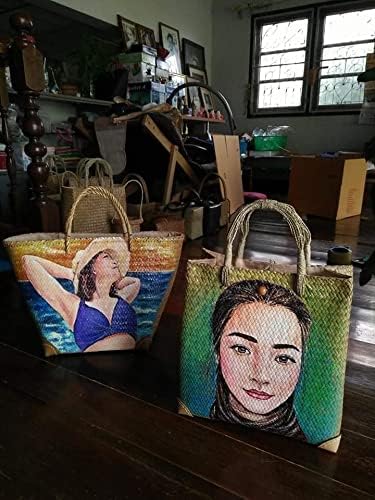 Custom, Made To your Own Order Portrait Painting Woven Straw Bags Summer Beach Tote Bag for Women 100% Handmade (A04) - Image 5