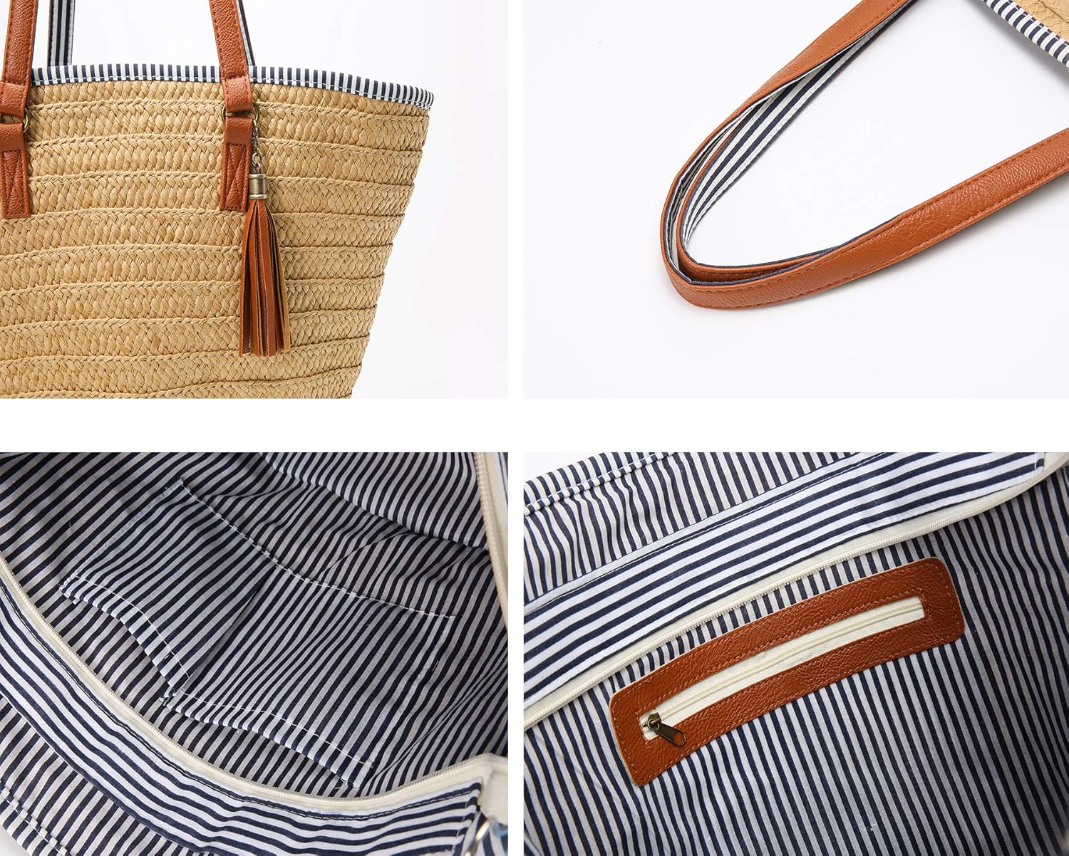 Epsion Straw Beach Bags Tote Tassels Bag Hobo Summer Handwoven Shoulder Bags Purse With Pom Poms - Image 6