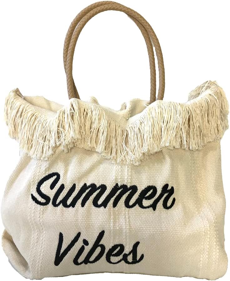 Fashion Culture Summer Vibes Embroidered Canvas Beach Tote Bag