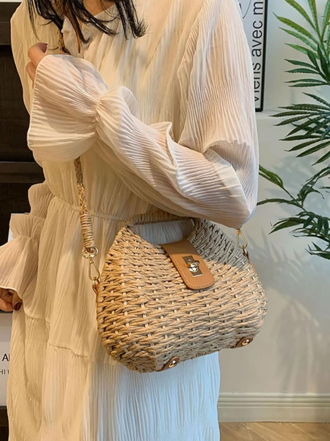 Handmade Straw Woven Bag Beach Clutch Purses Women Vacation Shell Shoulder Crossbody Summer Dumpling Handbag Basket Tote - Image 3