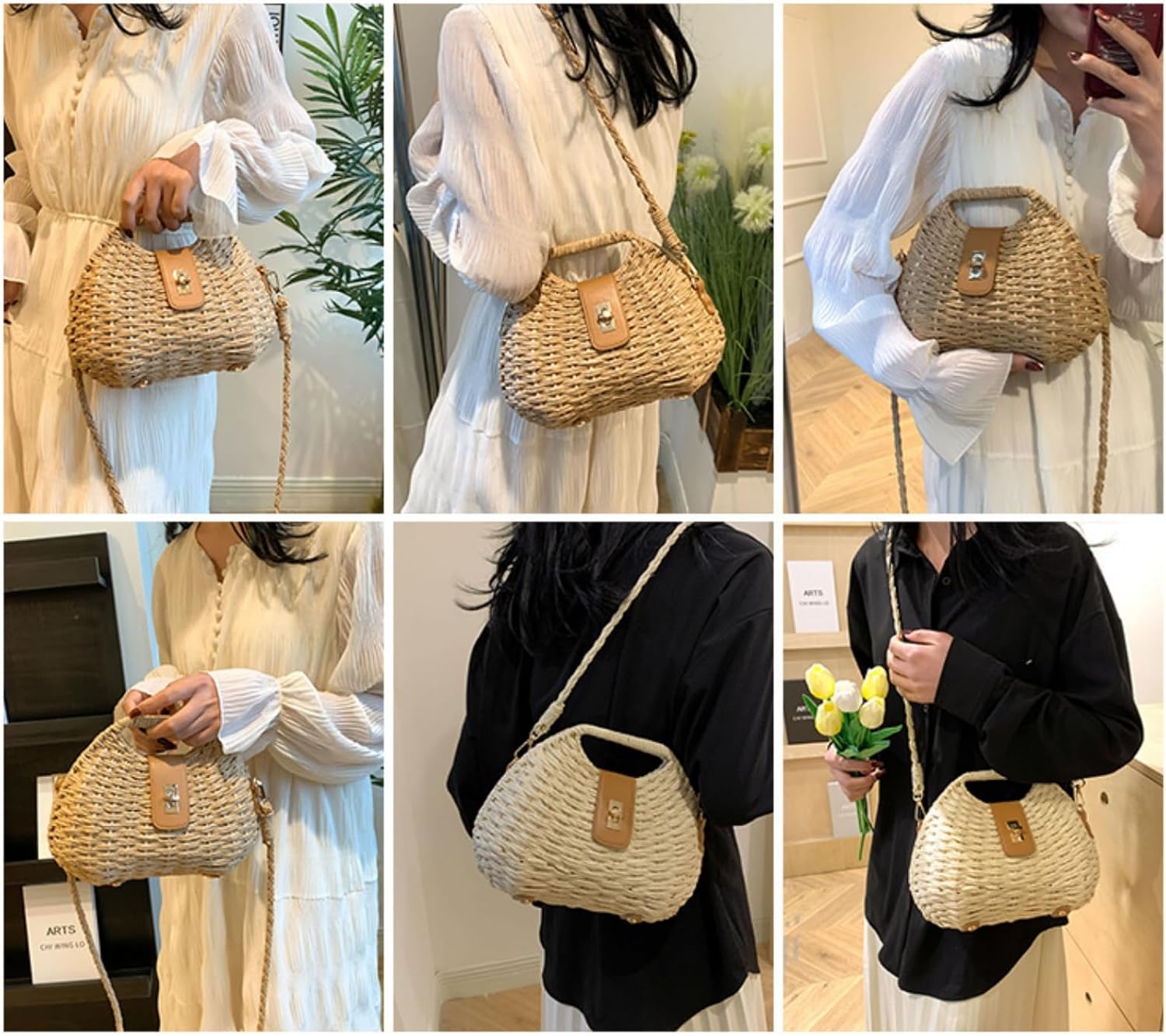 Handmade Straw Woven Bag Beach Clutch Purses Women Vacation Shell Shoulder Crossbody Summer Dumpling Handbag Basket Tote - Image 5