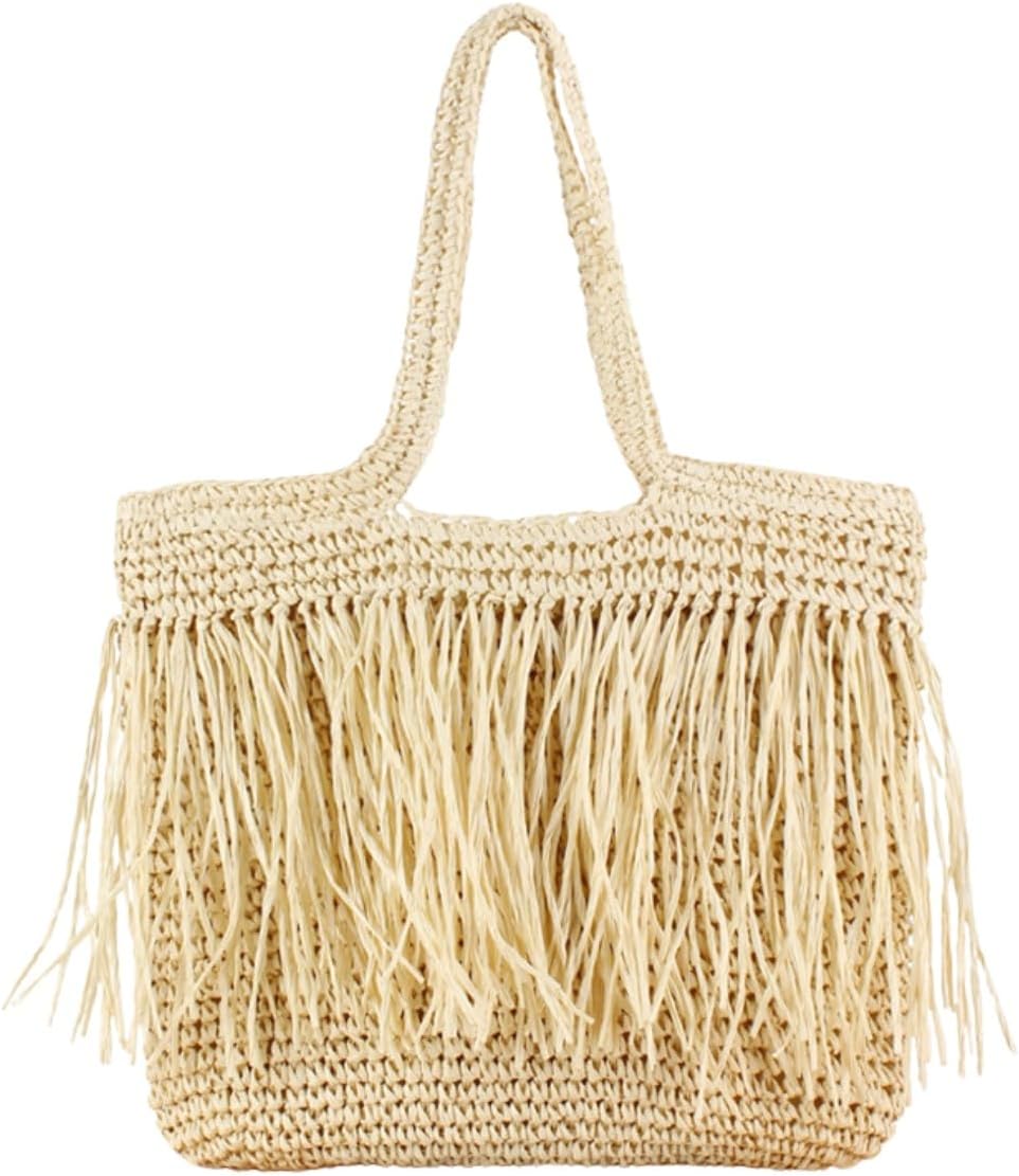 Handwoven Fringe Straw Beach Tote Bag for Women, 17.32 x 15.75 x 0.39 inches, Lightweight Woven Beach Bag for Women - Image 7