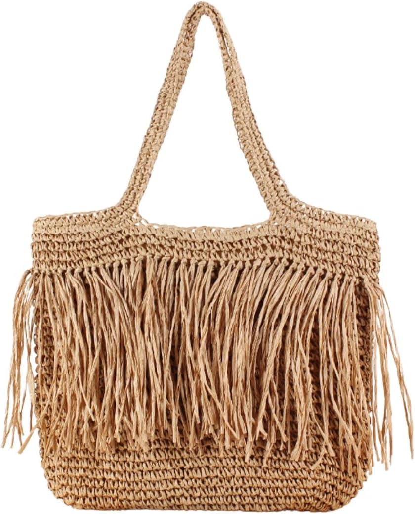 Handwoven Fringe Straw Beach Tote Bag for Women, 17.32 x 15.75 x 0.39 inches, Lightweight Woven Beach Bag for Women