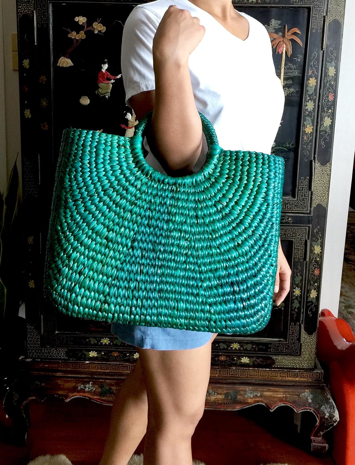 InfinityLoveCo Green Straw Bag,Straw Basket Tote,Straw Basket Bag,Market Basket Bags,Summer Straw Bag,Straw Basket Purse,Straw Tote Beach Bag,Straw Tote - Image 5