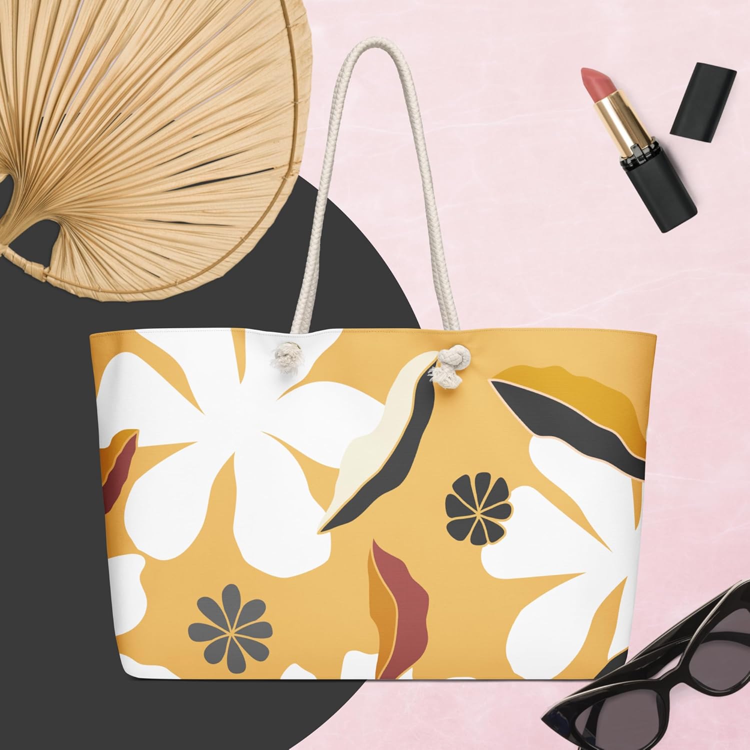 Large Beach Tote Bag for Women – Yellow Floral Print | Summer Vacation Bag with Rope Handles | Lightweight Canvas Shoulder Bag | Pool, Travel, Beach Essentials - Image 4