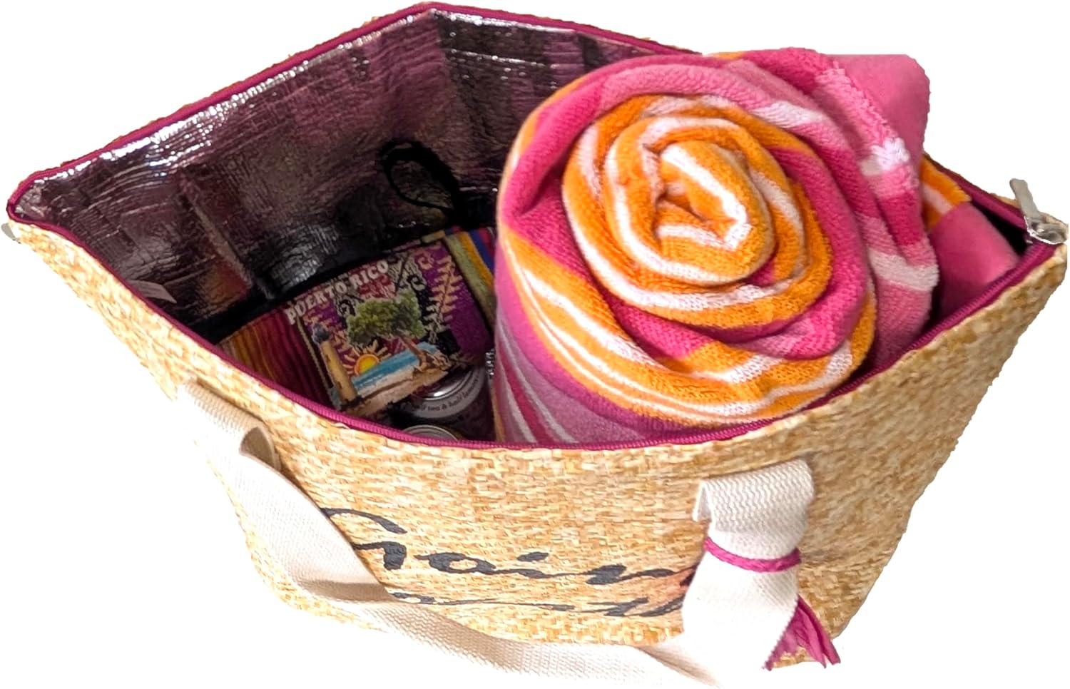 Large Insulated Beach Tote Bag with Metallic Text Phrases & Tassels - Fun Summer Cooler Bag, Natural/Black - Going Coastal Style - Image 5