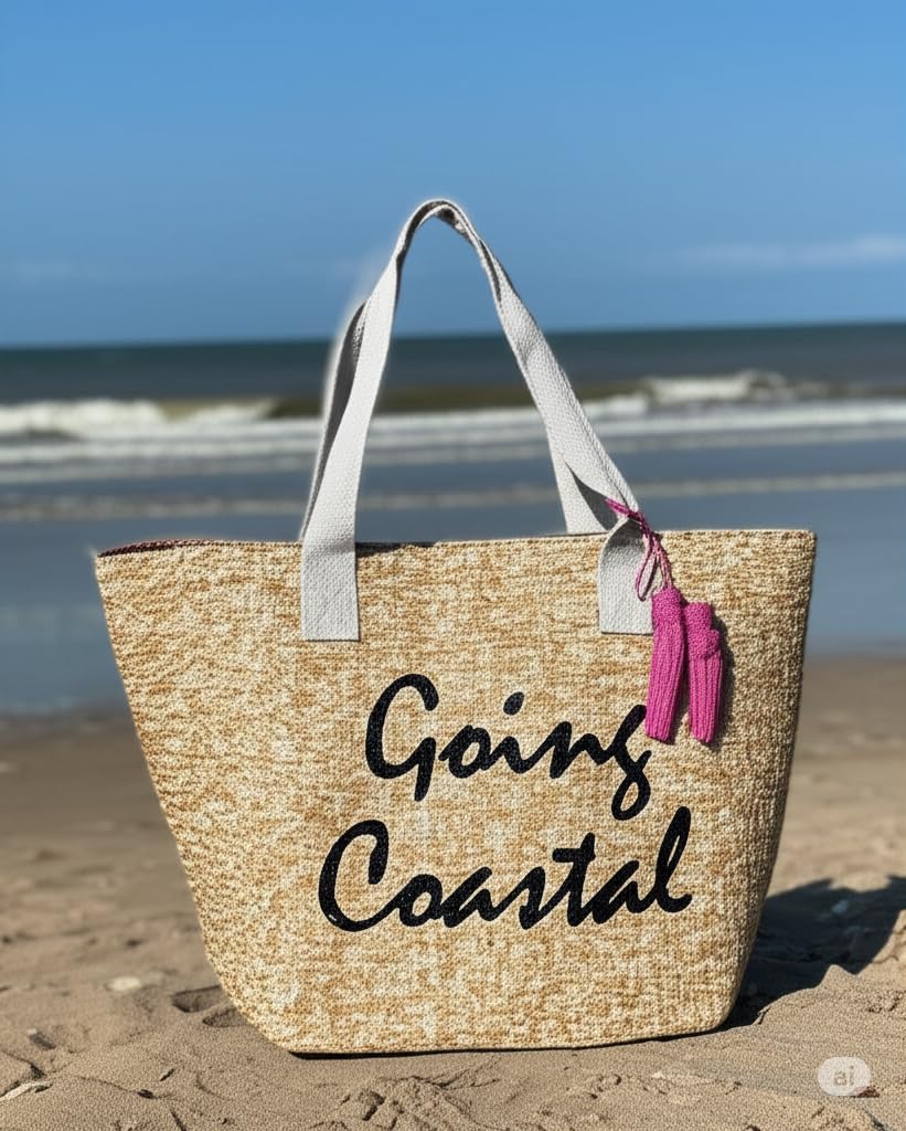Large Insulated Beach Tote Bag with Metallic Text Phrases & Tassels - Fun Summer Cooler Bag, Natural/Black - Going Coastal Style - Image 4