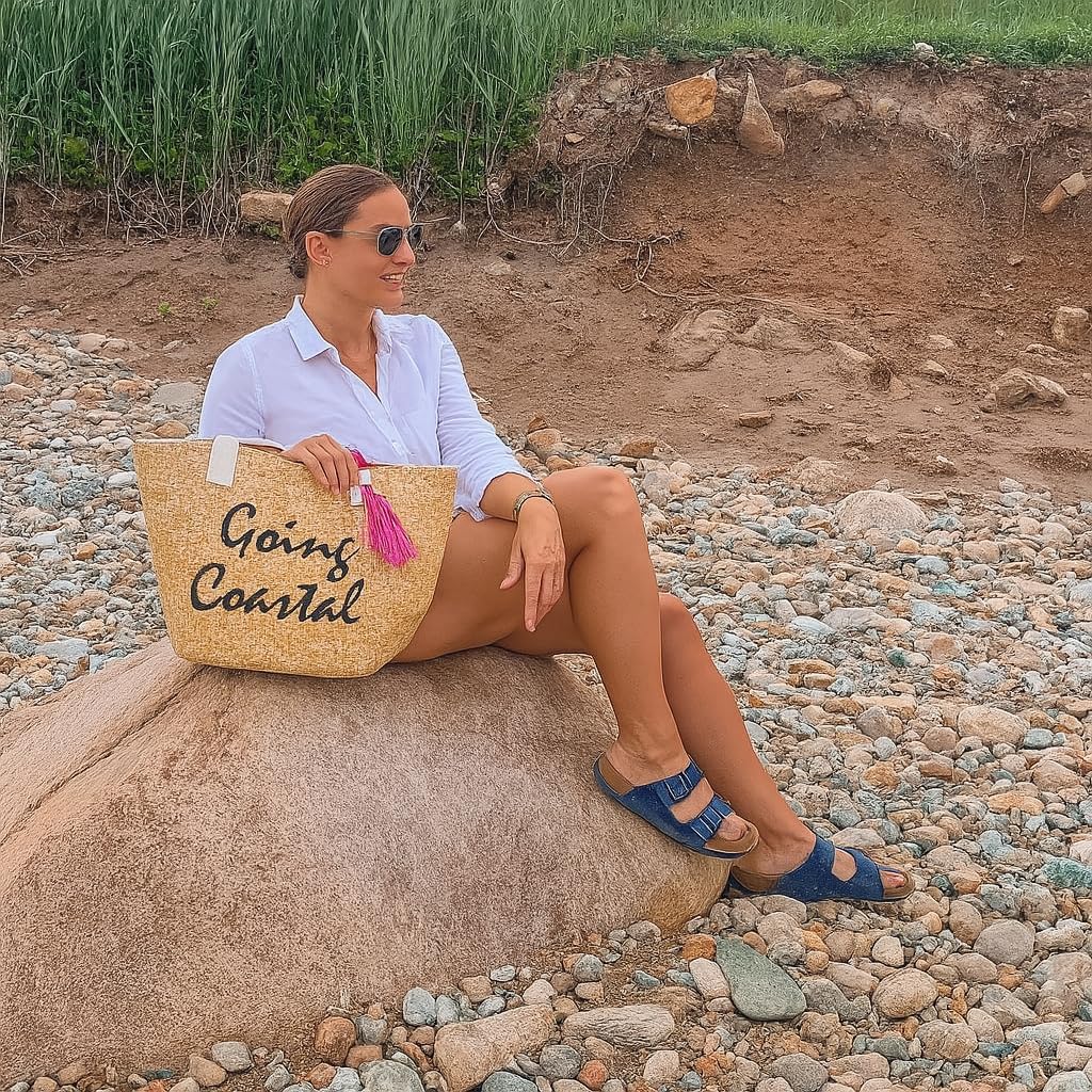 Large Insulated Beach Tote Bag with Metallic Text Phrases & Tassels - Fun Summer Cooler Bag, Natural/Black - Going Coastal Style - Image 2