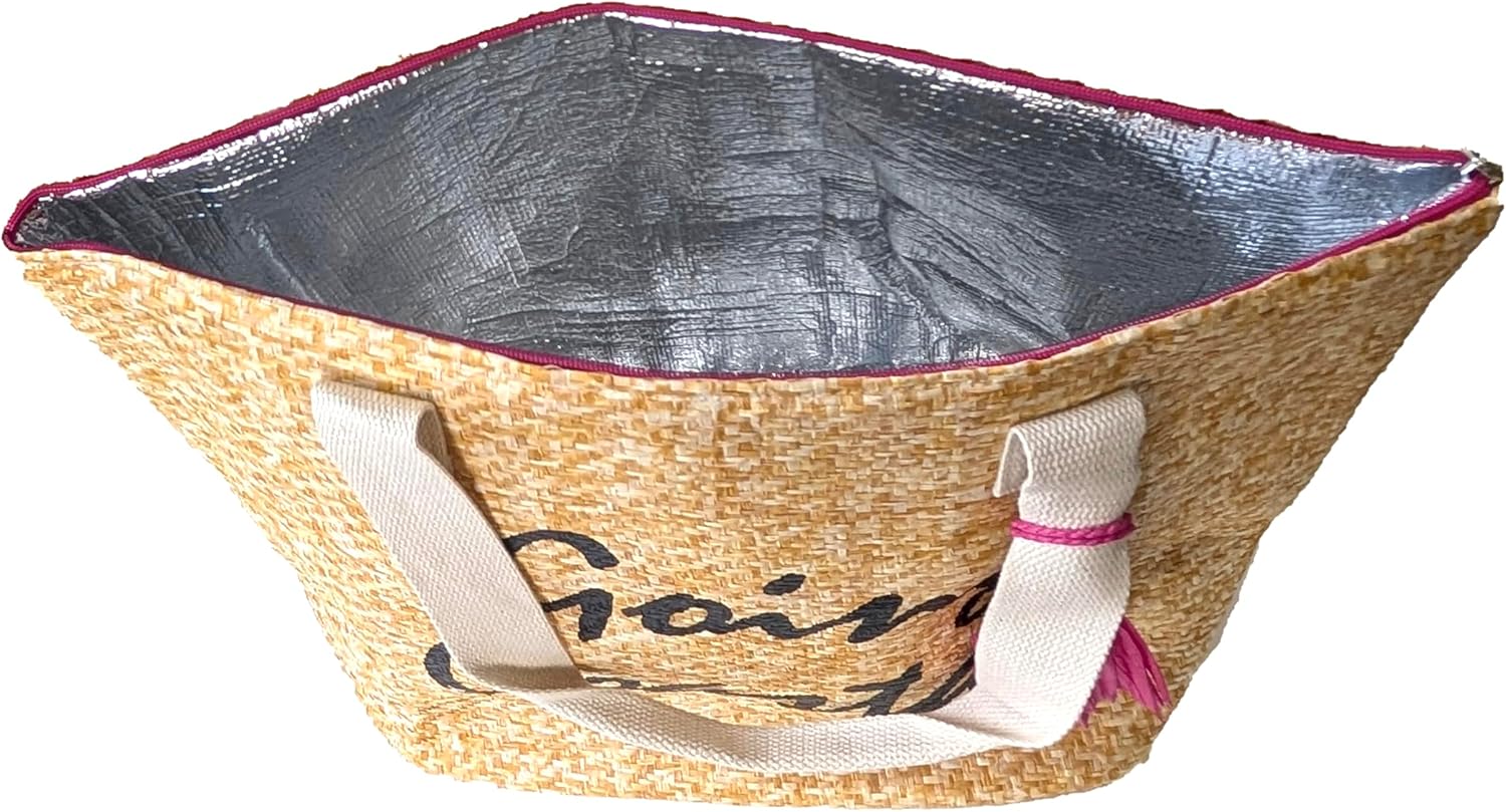 Large Insulated Beach Tote Bag with Metallic Text Phrases & Tassels - Fun Summer Cooler Bag, Natural/Black - Going Coastal Style - Image 6