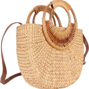 Luqeeg Handwoven Rattan Bag, Women's Retro Summer Beach Tote, Semicircular Bucket Shape, Rattan Straw Material, 2 Handles (, Shoulder Strap), Fade Resistant, Lightweight