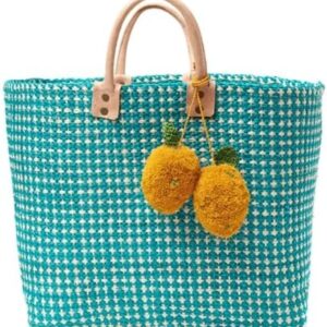 MAR Y SOL Hadley Tote Handwoven Raffia Bag with Leather Handles & Pom Pom Fruit Charm, Full Size or Mini in Multiple Colors