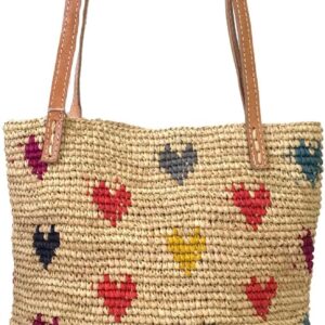 MAR Y SOL Women's Amelie II Hearts Crocheted Raffia Straw Mini Tote Bag