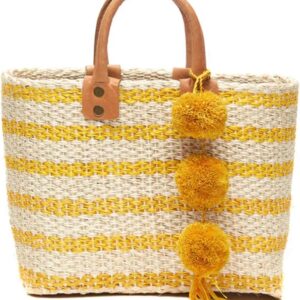 MAR Y SOL Women's Tybee II Strped Mini Handheld Tote Sisal Straw Bag w Pom Pom