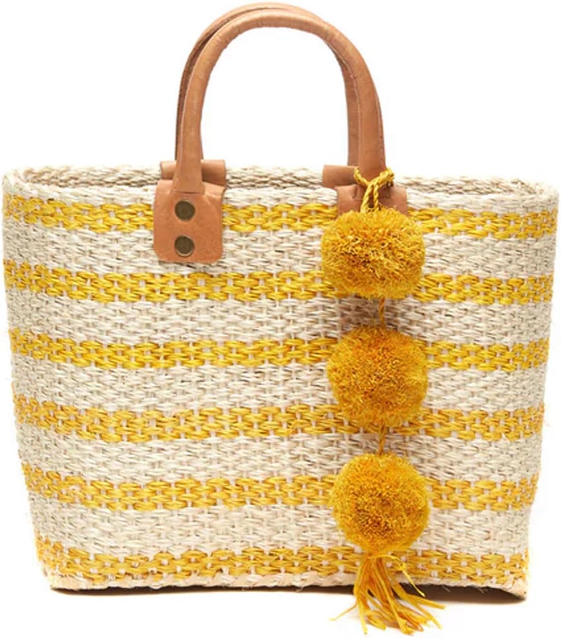 MAR Y SOL Women's Tybee II Strped Mini Handheld Tote Sisal Straw Bag w Pom Pom