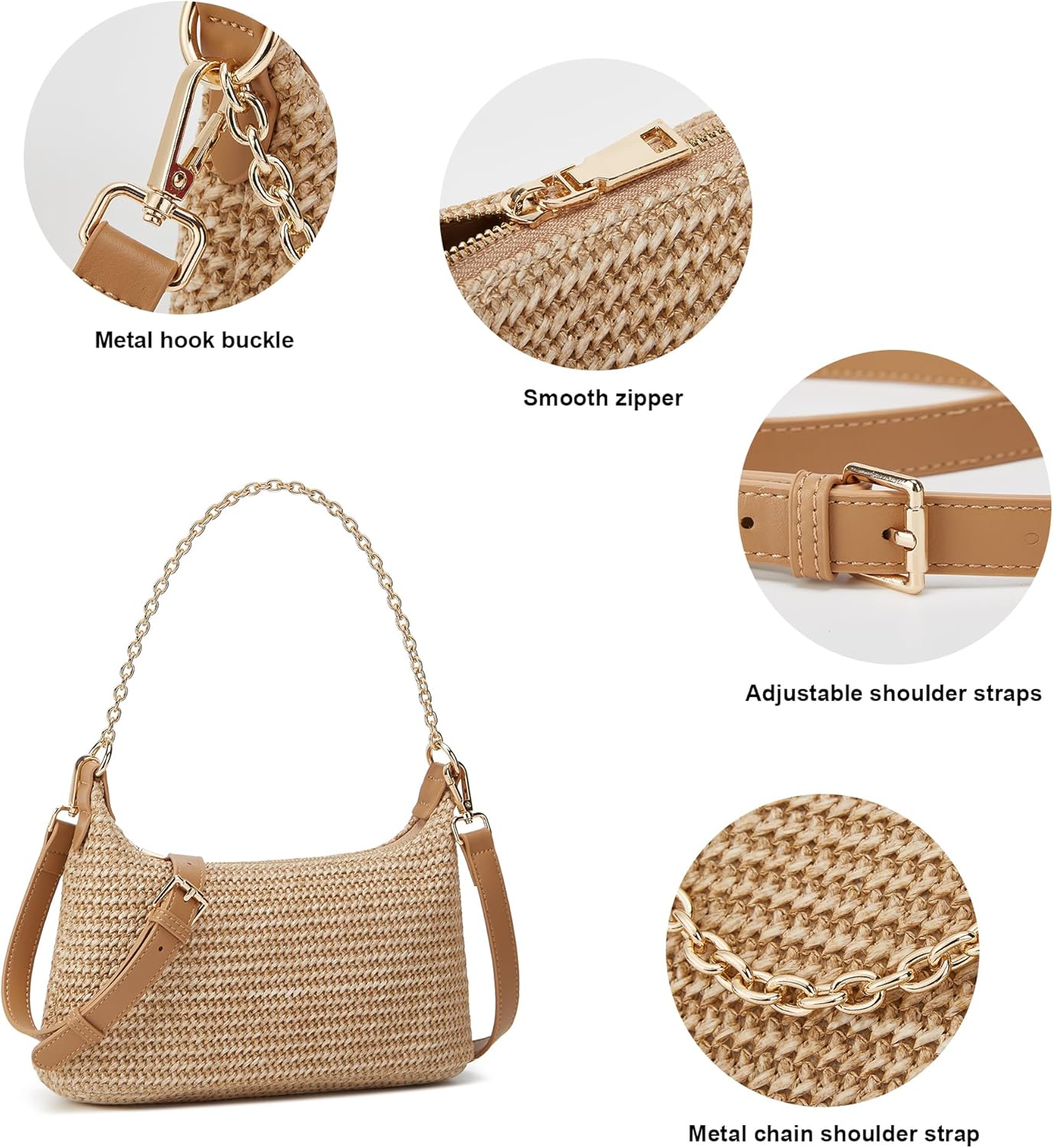 MOPOVO Women's Straw Woven Shoulder Bag Beach Purse Summer Vacation Tote Handbag - Image 3