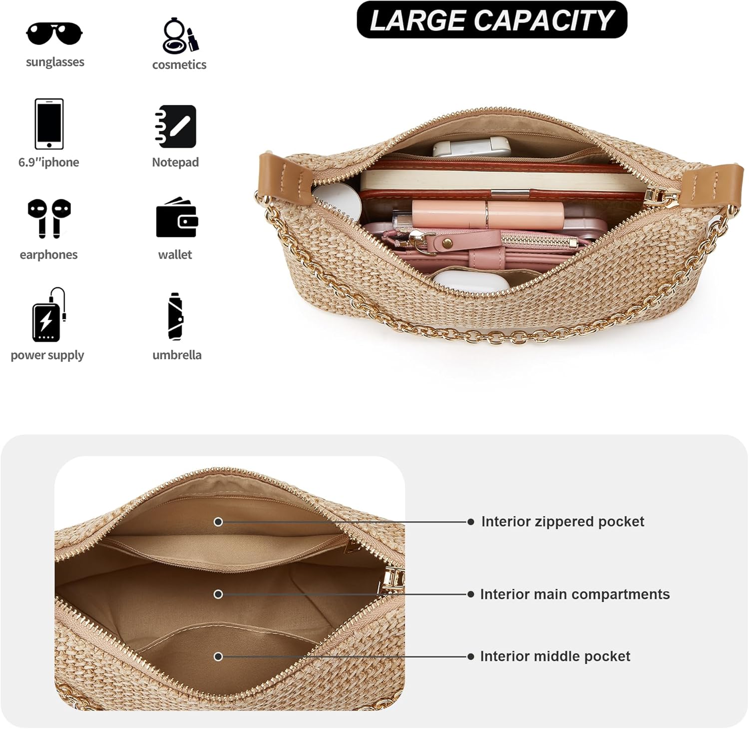 MOPOVO Women's Straw Woven Shoulder Bag Beach Purse Summer Vacation Tote Handbag - Image 4