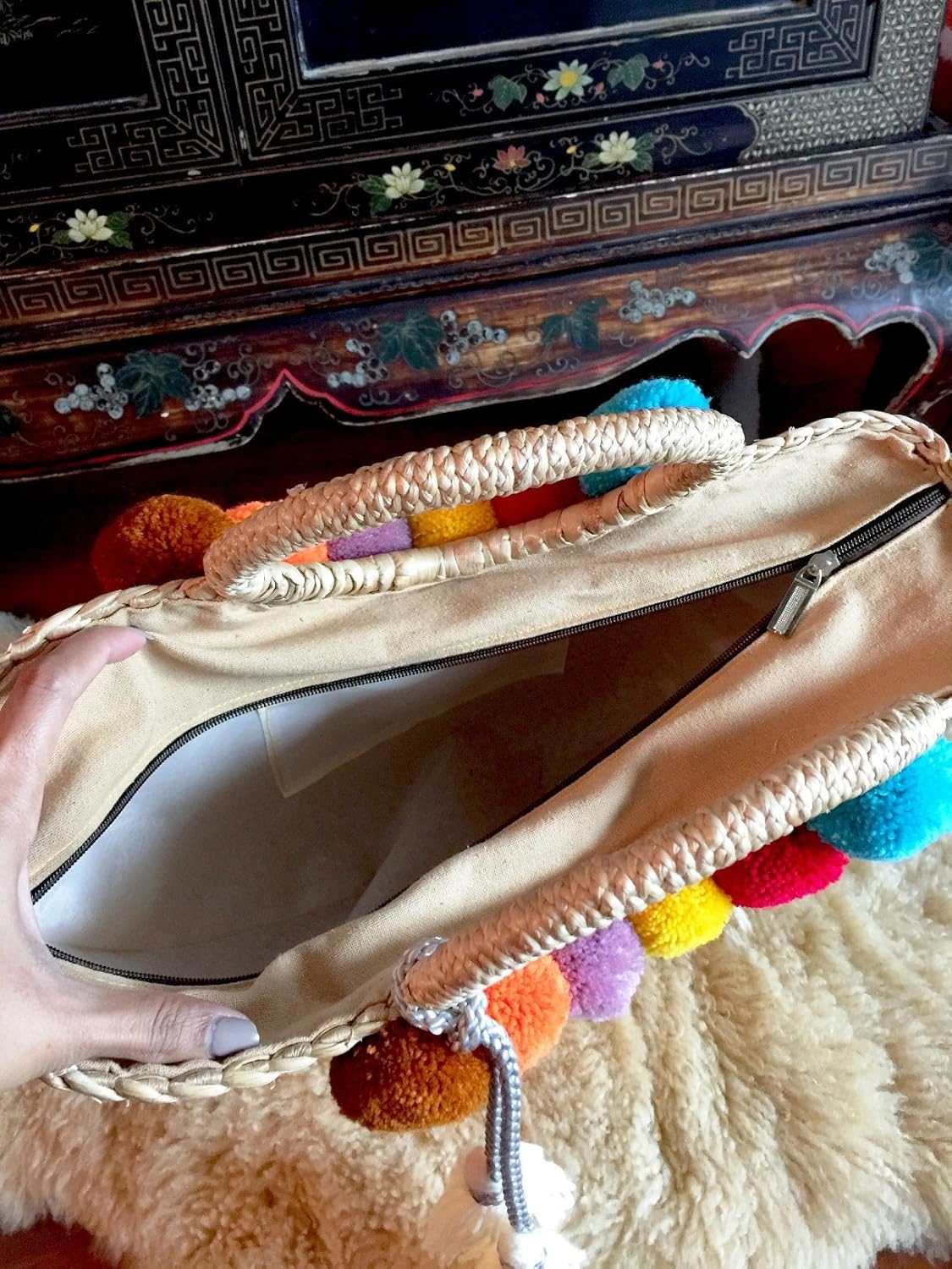 Pom Pom Straw Bag, Pom Pom Straw Bags for Women, Straw Basket Bag,Straw Basket Tote Bag,Beach Basket Bag,Pom Pom Straw Beach Bag,Basket Bag,Straw Bag,Straw Tote Beach Bag,Summer Straw Bag,Straw Tote - Image 2