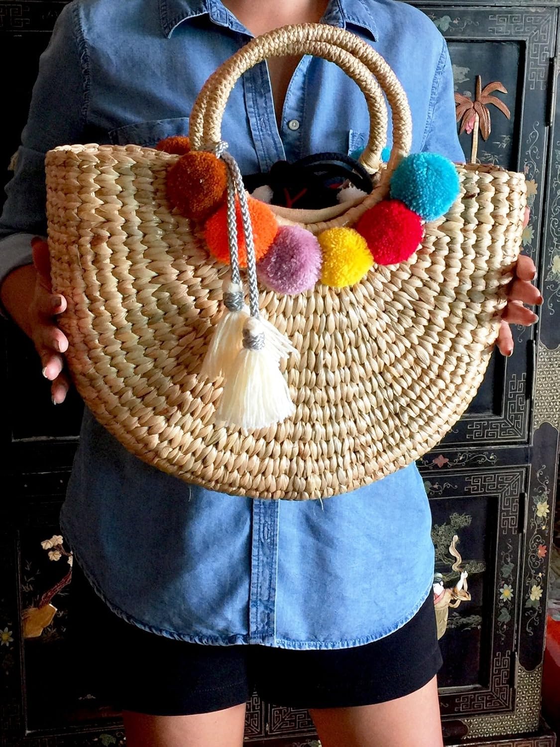 Pom Pom Straw Bag, Pom Pom Straw Bags for Women, Straw Basket Bag,Straw Basket Tote Bag,Beach Basket Bag,Pom Pom Straw Beach Bag,Basket Bag,Straw Bag,Straw Tote Beach Bag,Summer Straw Bag,Straw Tote - Image 6