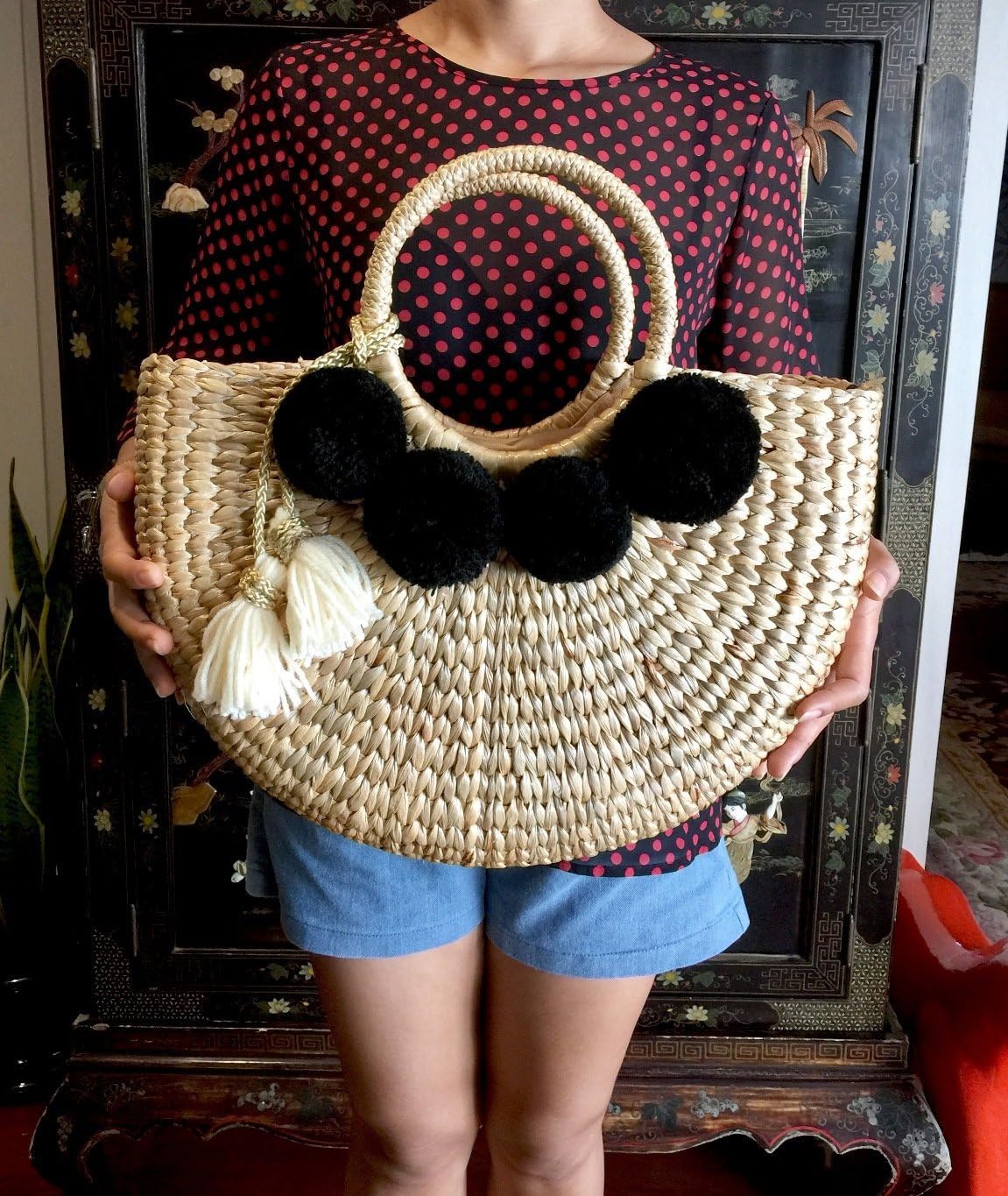 Pom Pom Straw Bag, Pom Pom Straw Bags for Women, Straw Basket Bag,Straw Basket Tote Bag,Beach Basket Bag,Pom Pom Straw Beach Bag,Basket Bag,Straw Bag,Straw Tote Beach Bag,Summer Straw Bag,Straw Tote - Image 6