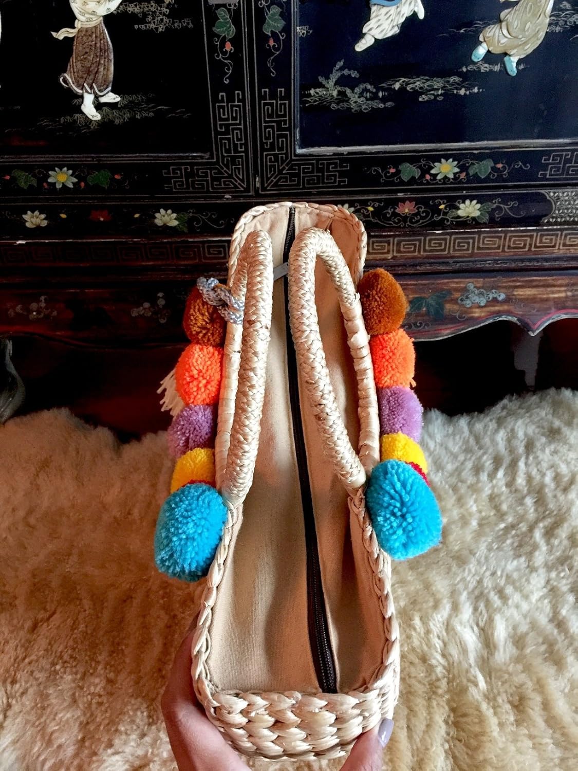 Pom Pom Straw Bag, Pom Pom Straw Bags for Women, Straw Basket Bag,Straw Basket Tote Bag,Beach Basket Bag,Pom Pom Straw Beach Bag,Basket Bag,Straw Bag,Straw Tote Beach Bag,Summer Straw Bag,Straw Tote - Image 3