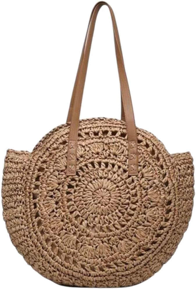 Product image Round Straw Beach Tote Bag, Crochet Summer Handbag with Leather Handles, 16.9 x 16.5 inches - Image 6