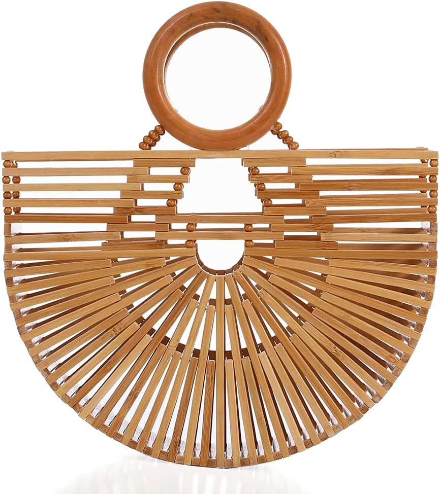 RULER TRUTH Women's Top Handle Bamboo Handbag Summer Beach Tote Bag, Natural Bamboo Handmade Purse