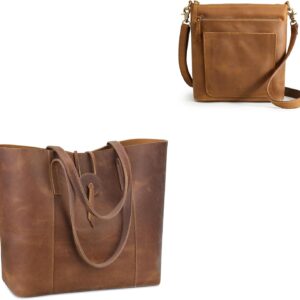S-ZONE Women Leather Tote Bag Shoulder Handbag Bundle with Crossbody Bucket Purse with Multi-pockets