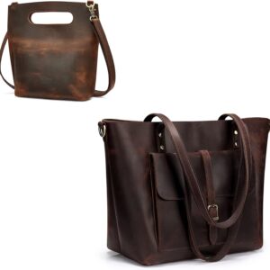S-ZONE Women Vintage Genuine Leather Tote Bag with Clutch Bag