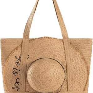 SKYK Straw Beach Tote Bag for Women-Summer Beach Handbag with Hat Holder and Sun Hat-Large Travel Tote Bags with Zipper