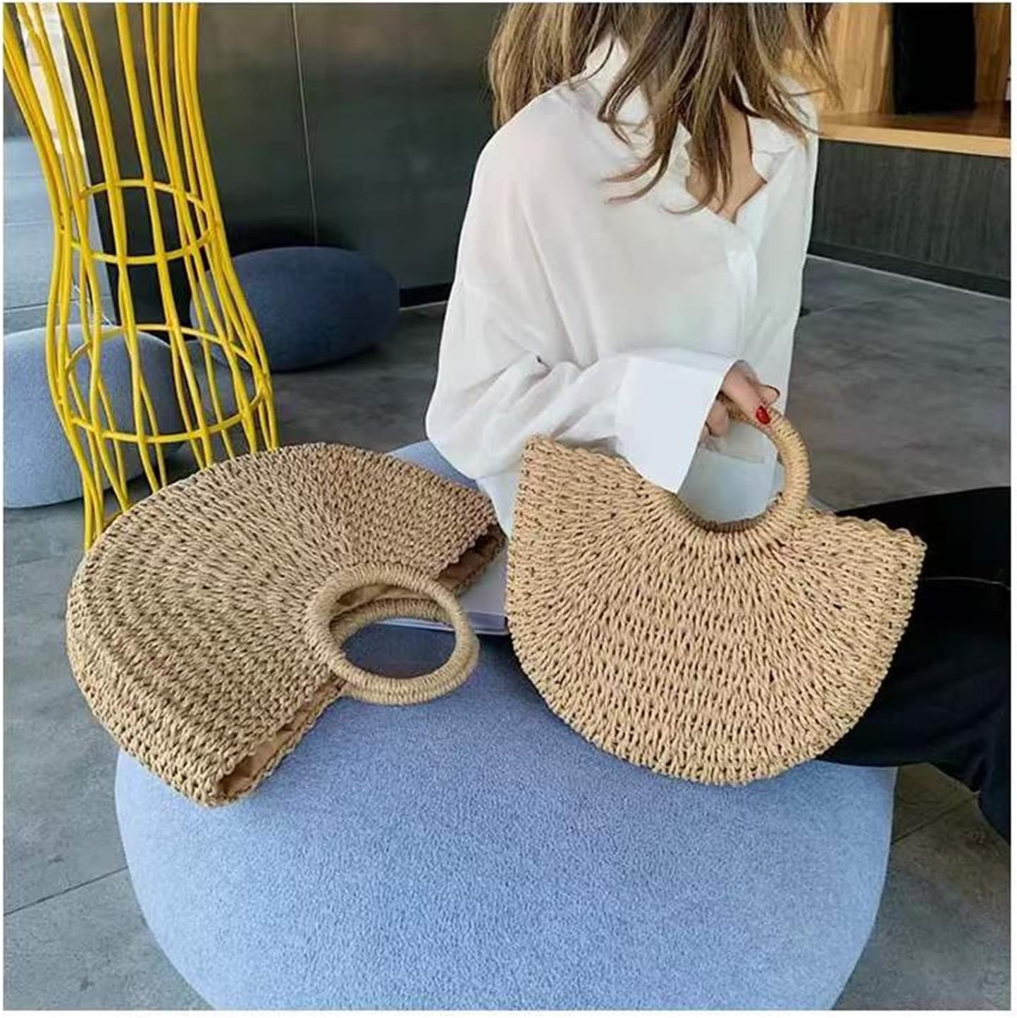 Summer Beach Rattan bag,Hand-woven Straw Large Bag Round Handle Ring Tote Retro Straw Bags for Women - Image 6