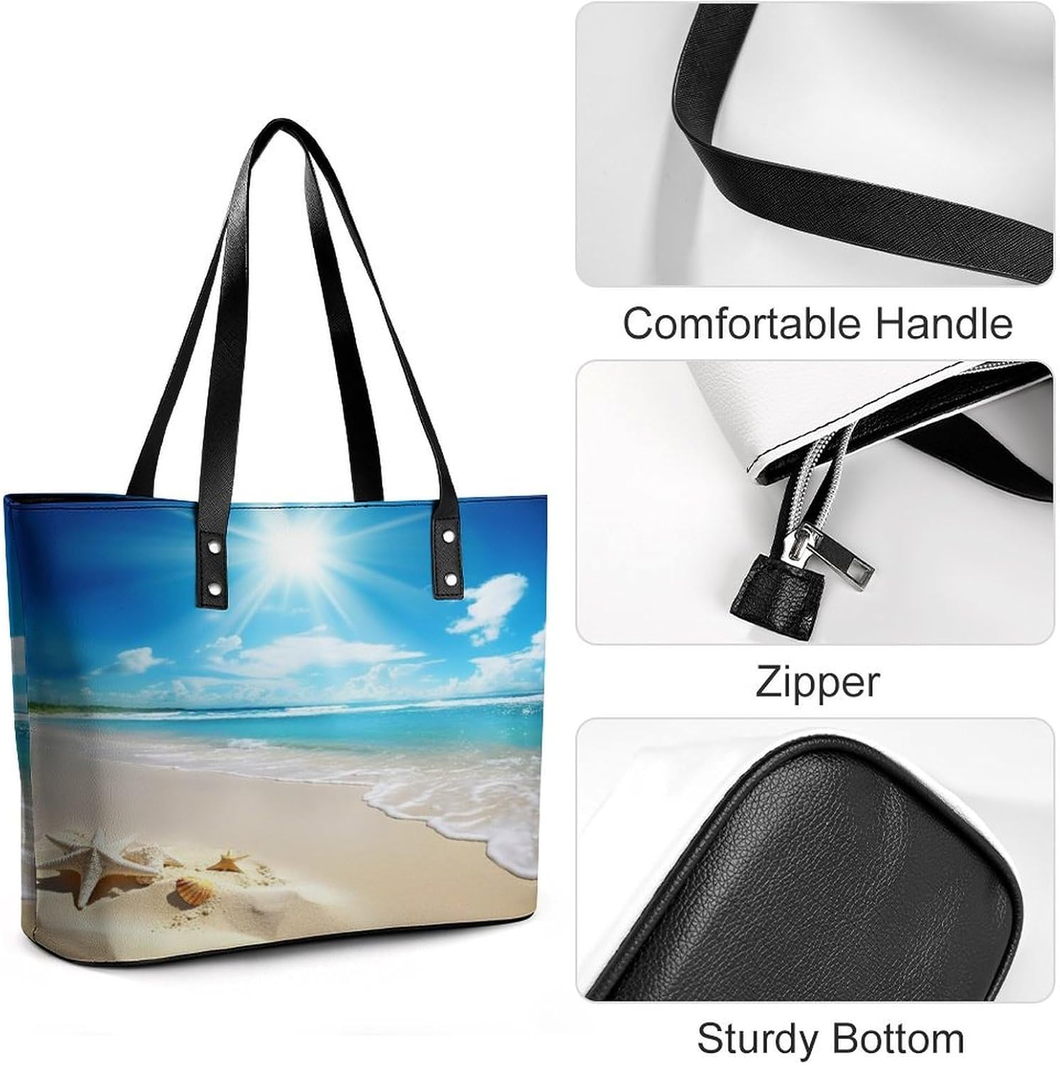 Summer Beach Tote Bag Large Soft Leather Purse with Zipper Lightweight Ladies Shoulder Handbag - Image 4