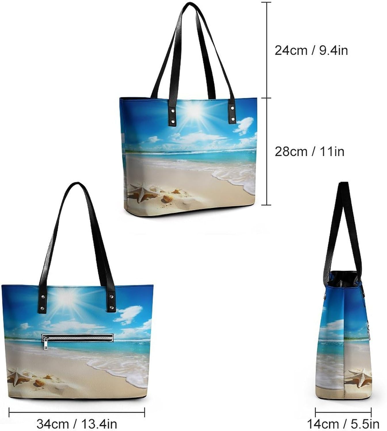 Summer Beach Tote Bag Large Soft Leather Purse with Zipper Lightweight Ladies Shoulder Handbag - Image 2