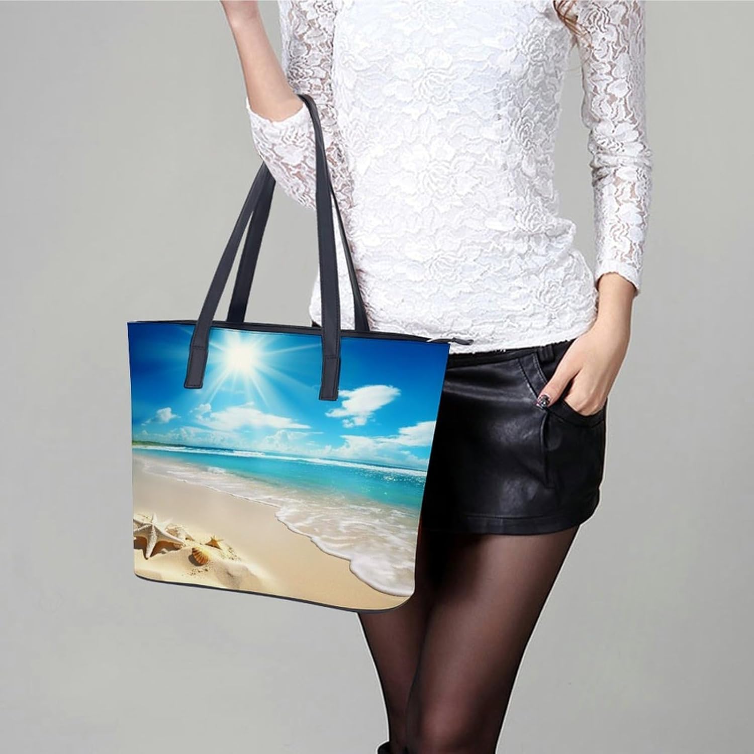 Summer Beach Tote Bag Large Soft Leather Purse with Zipper Lightweight Ladies Shoulder Handbag - Image 6