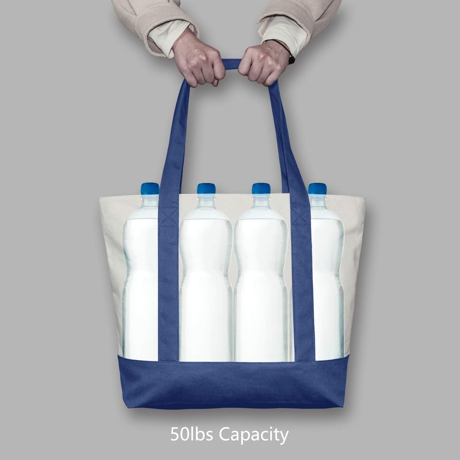 TOPDesign Canvas Tote Bag Blue\/Natural i##e##s: 1-Pack ^^ with an External Pocket ^^ Reusable Grocery Shopping Bag ^^ Top Zipper Closure ^^ Daily Essentials :i##e##s - Image 6
