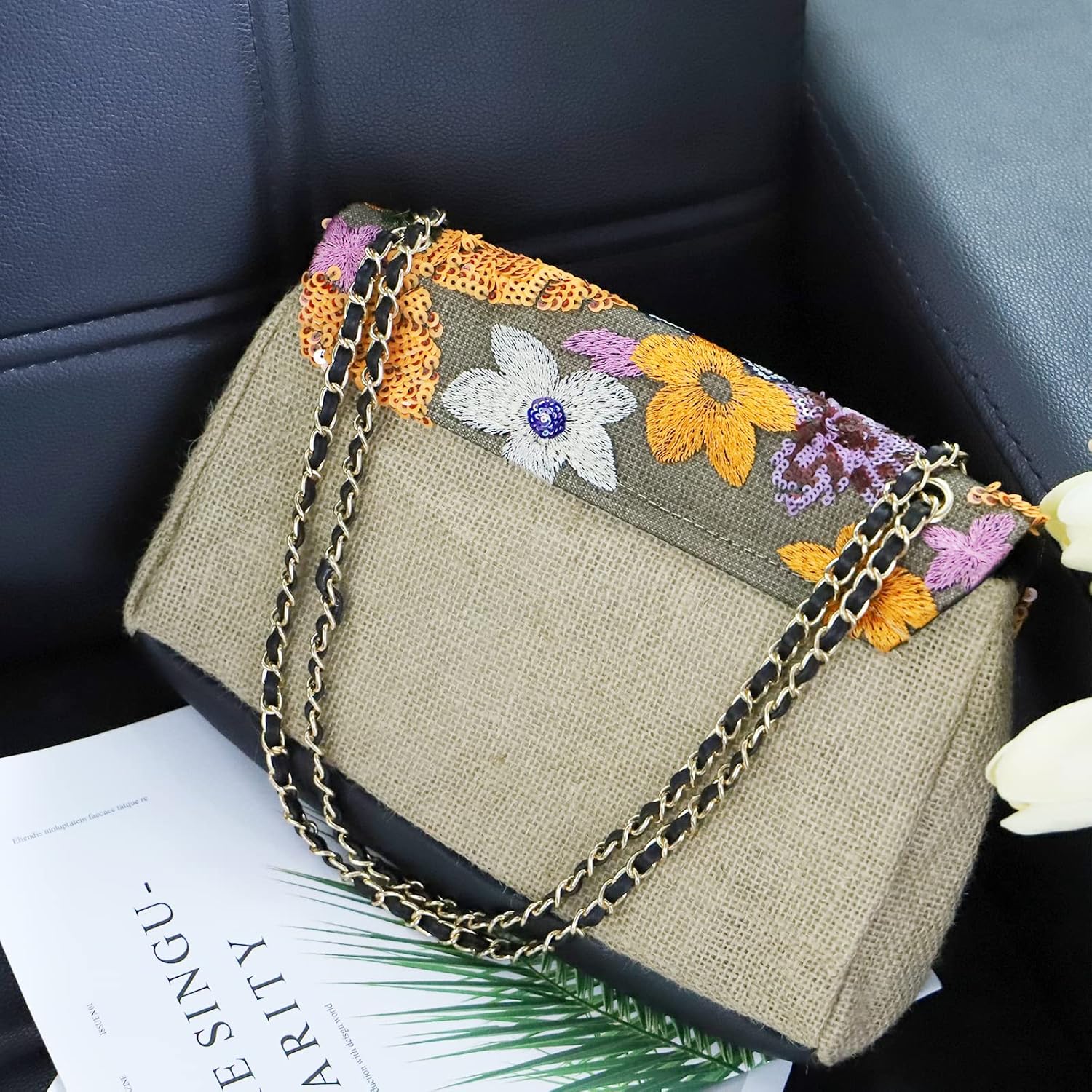 Tote Bag for Women Beach Bag Sequin Embroidery Straw Bag Bohemian Handbag Large Capacity Shoulder Bag Suitable for Vacation Travel Daily - Image 7