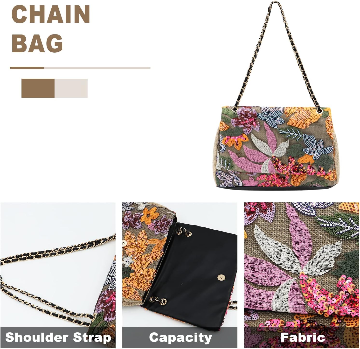 Tote Bag for Women Beach Bag Sequin Embroidery Straw Bag Bohemian Handbag Large Capacity Shoulder Bag Suitable for Vacation Travel Daily - Image 3