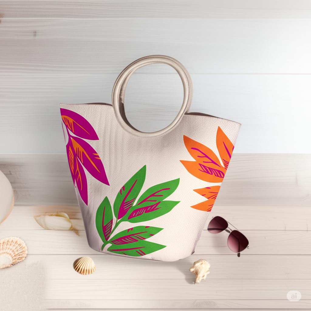 Tropical Palms Round Circle Handle Beach Bag Packable Large Tote Vibrant Summer Vacation Travel Handbag - Image 5