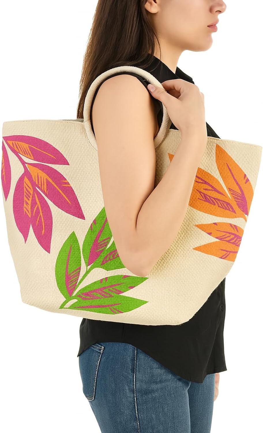 Tropical Palms Round Circle Handle Beach Bag Packable Large Tote Vibrant Summer Vacation Travel Handbag - Image 3