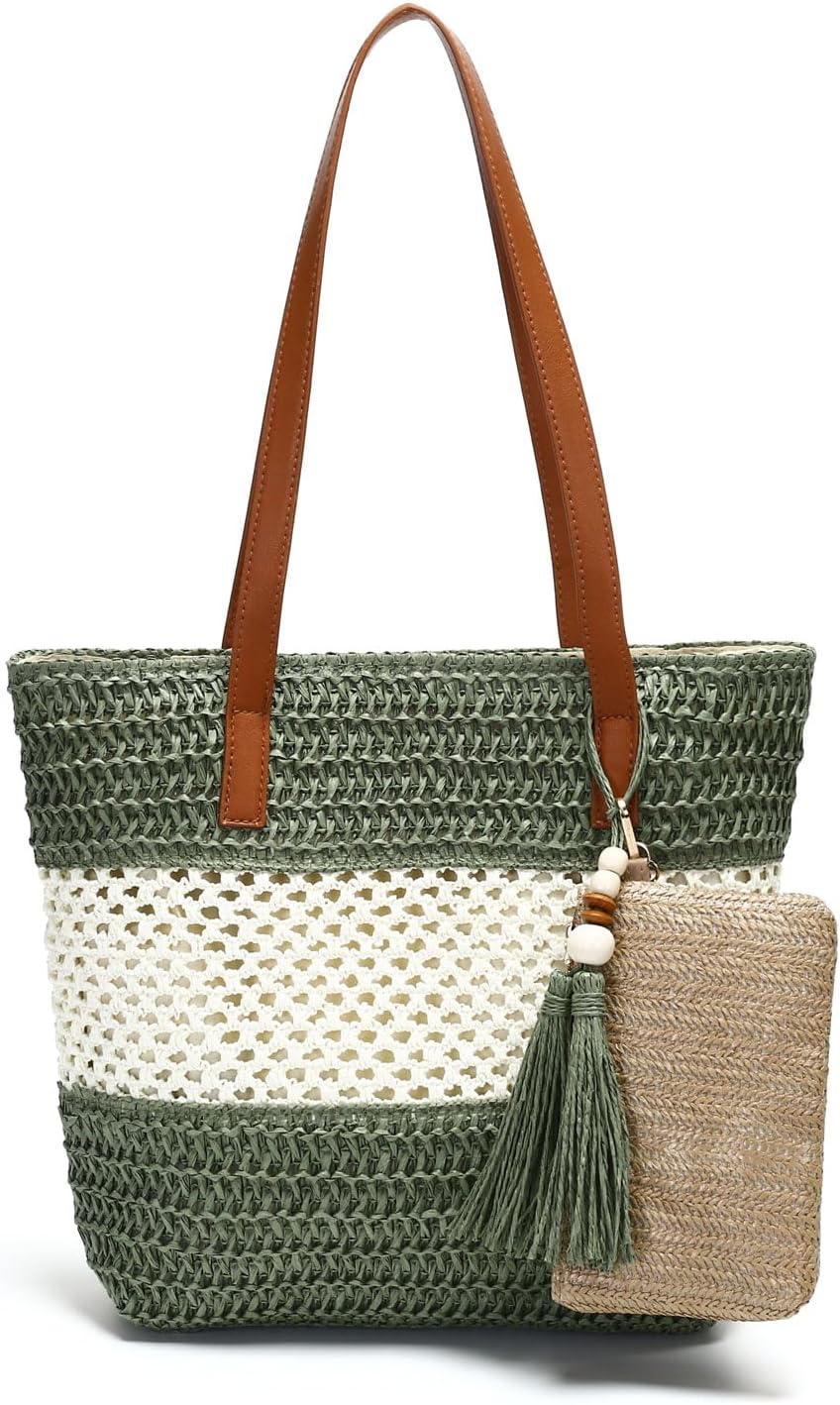 tutuebobe Beach Straw Bags for Women, Summer Travel Bag Woven Straw Purse, Handmade Clutch Beach Tote Bag Shoulder Handbags