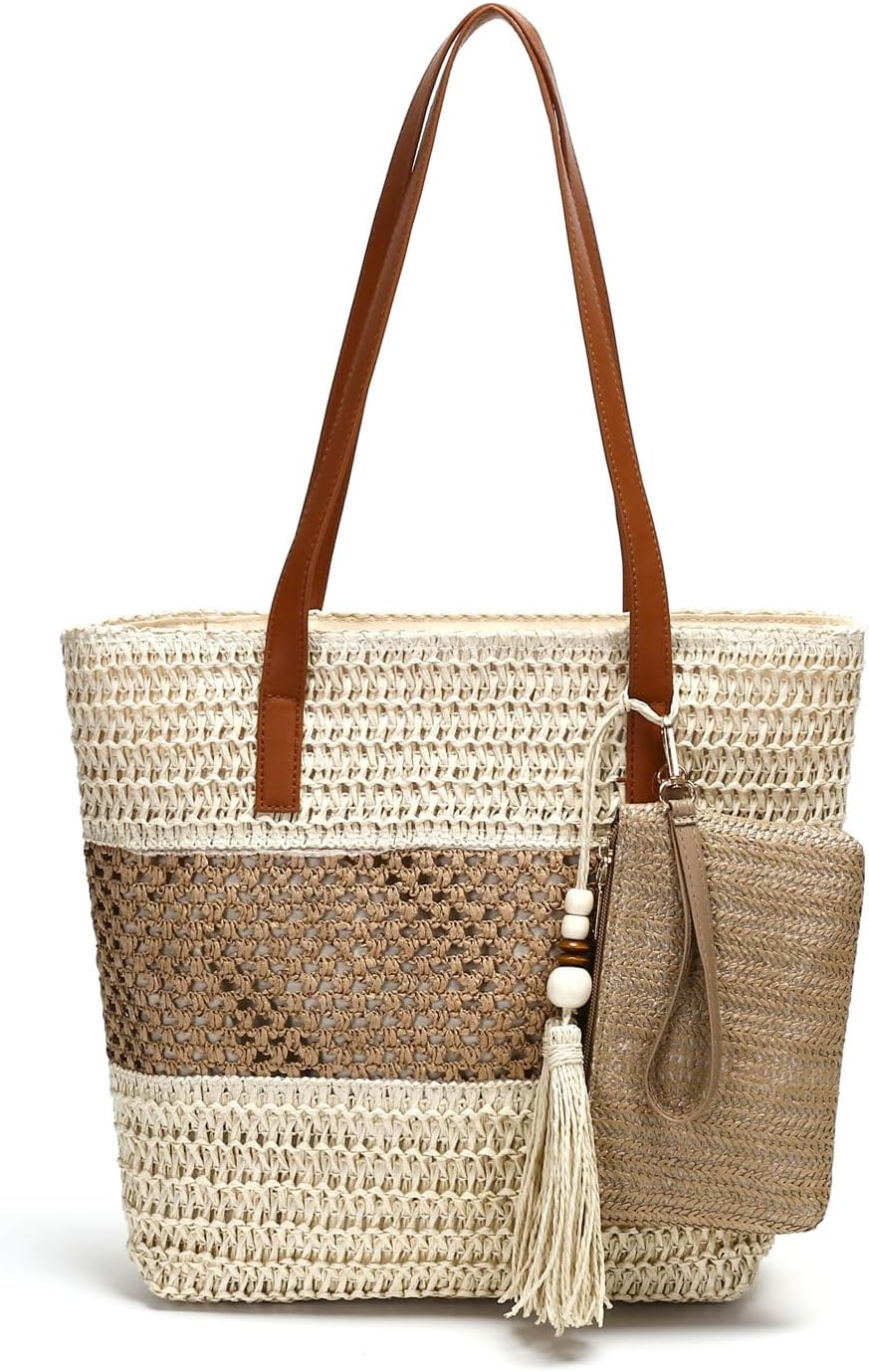 tutuebobe Beach Straw Bags for Women, Summer Travel Bag Woven Straw Purse, Handmade Clutch Beach Tote Bag Shoulder Handbags - Image 9
