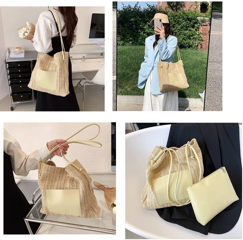 Unique Straw Tote Bag with Purse Set for Women Large Loose Beach bag with Long Leather Handle for Summer Vacation Day Trips Shoulder Bag - Image 4