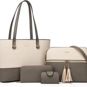 Women Fashion Synthetic Leather Handbags Tote Bag Shoulder Bag Top Handle Satchel Purse Set 4pcs