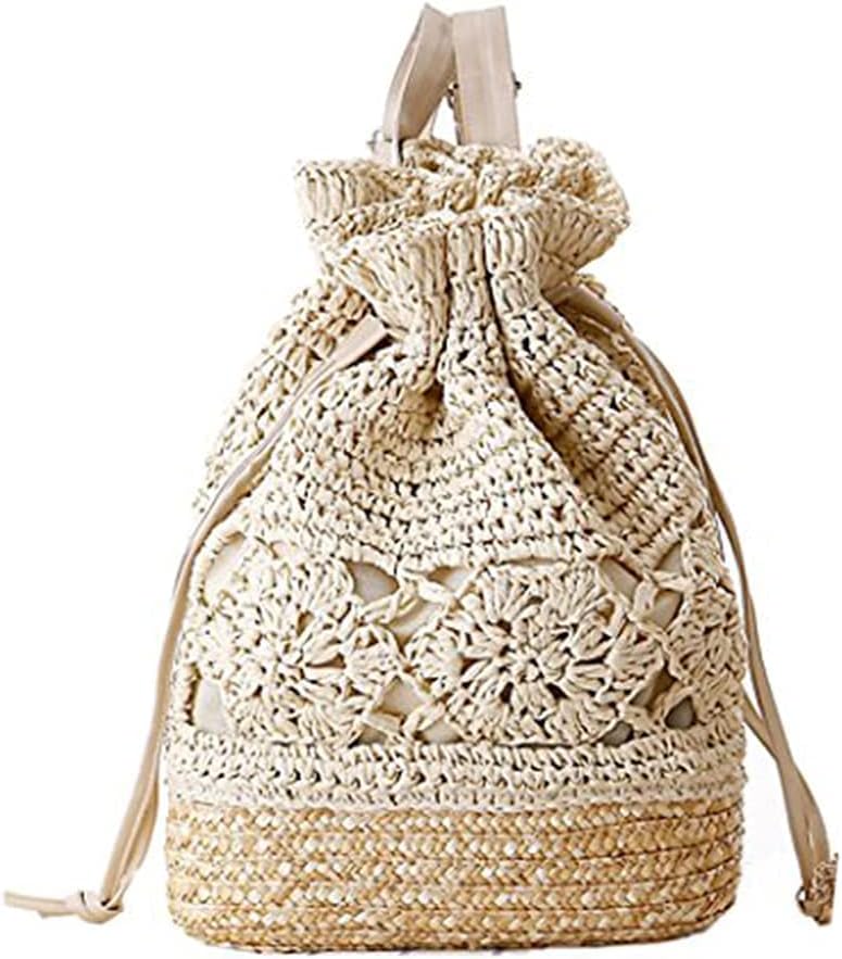 Women Knapsack Crochet Woven Straw bag with Leather Straps Shoulder Bags Drawstring Summer Holiday Beach Tote Beige bag